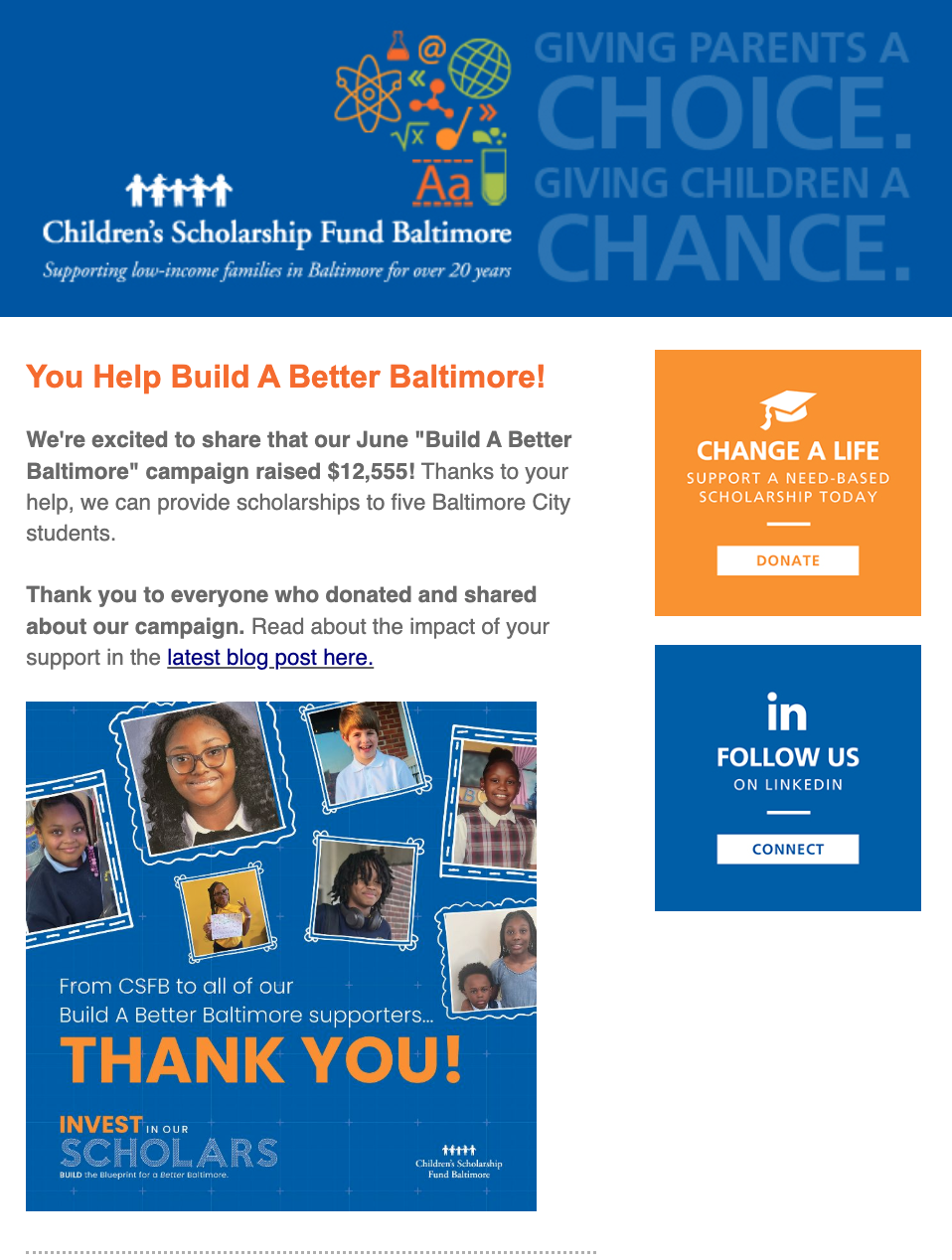 Screenshot of a CSF Baltimore newsletter recap of a fundraising campaign with a personalized image and Thank You message